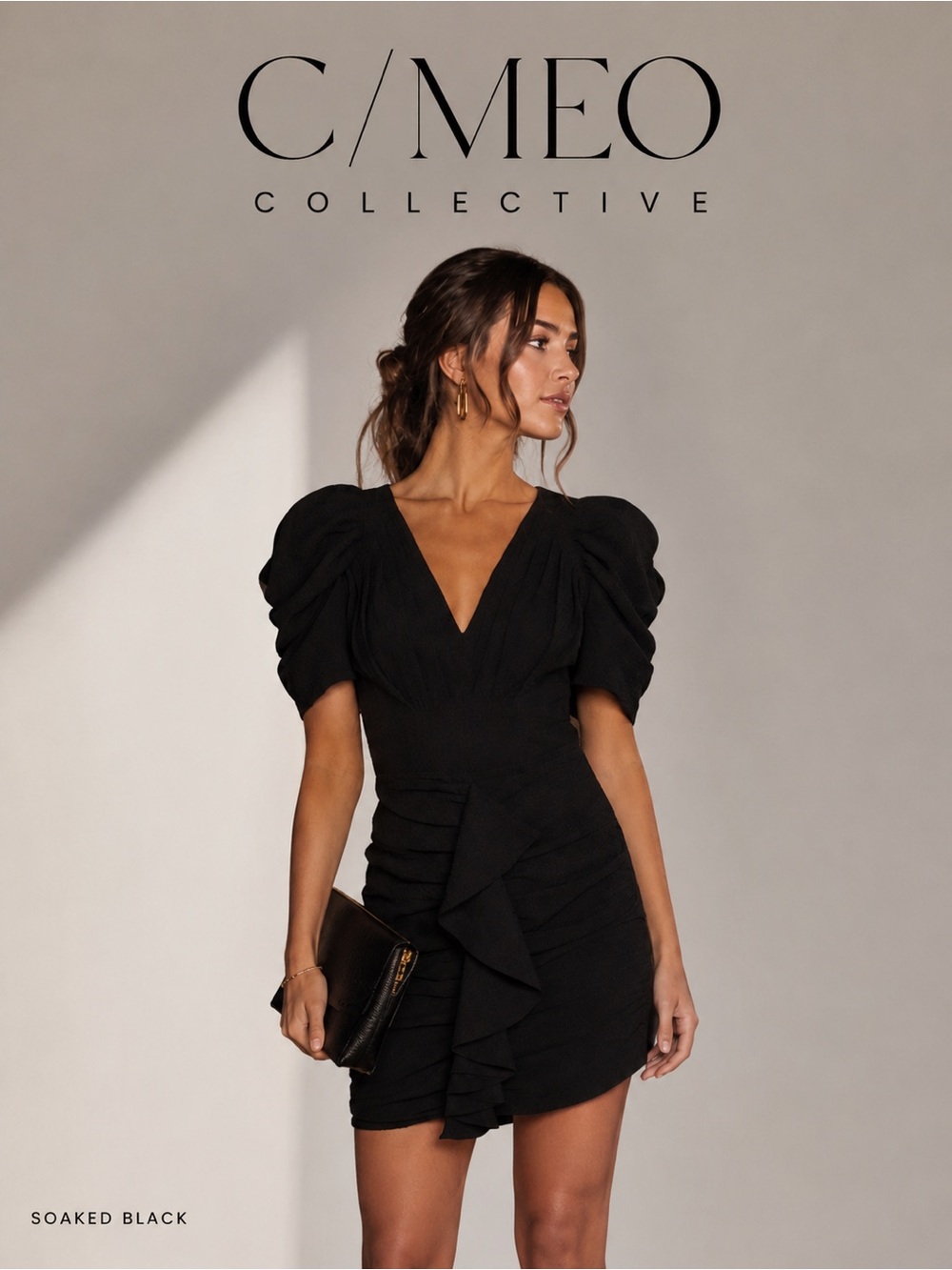 C/MEO Collective NWT Black Puff Sleeve Cocktail Mini Dress Ruched XXS